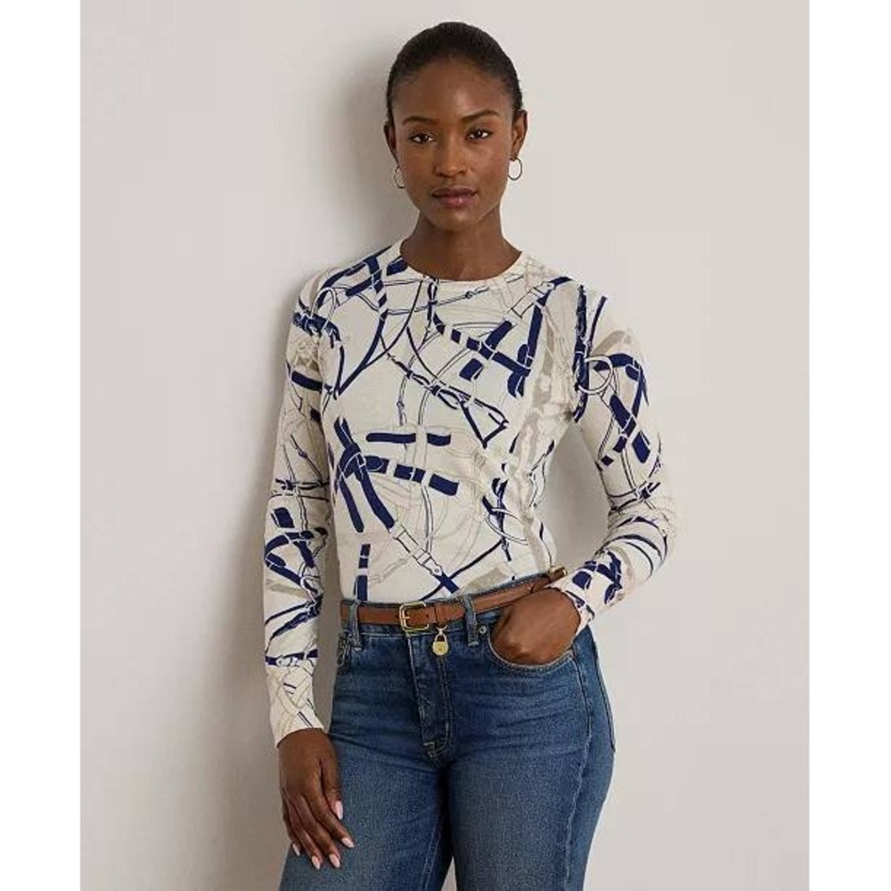 Vintage 90s Lauren Ralph Lauren Belting-Print Sweater XL Cream Blue Equestrian